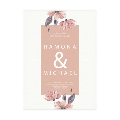 Personalized wedding invitation, bride and groom holding a bouquet of flowers