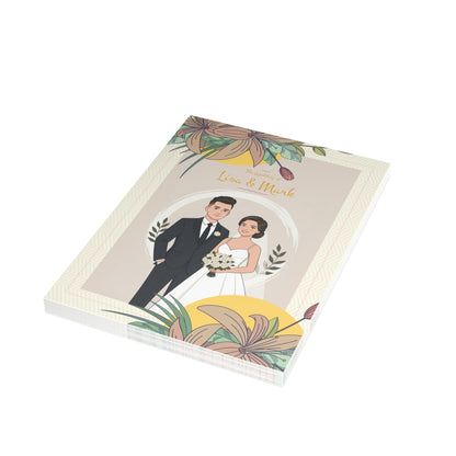 Personalized wedding invitation, bride and groom in the garden of love