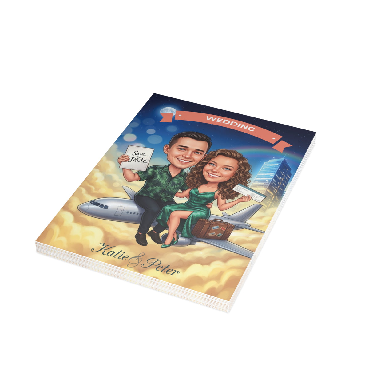 Personalized wedding invitations for a bride and groom who met while traveling