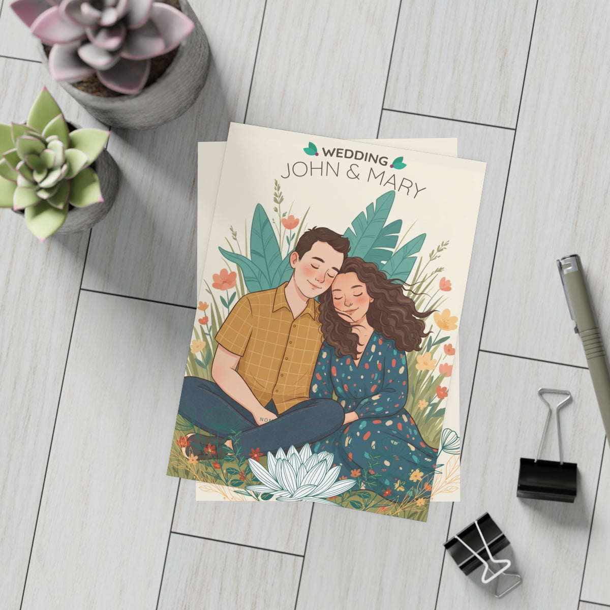 Personalized wedding invitation, bride and groom having a picnic