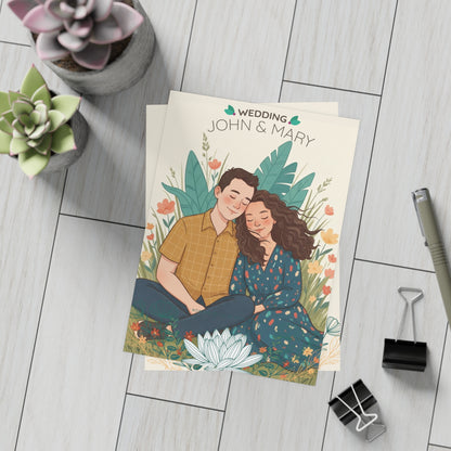 Personalized wedding invitation, bride and groom having a picnic