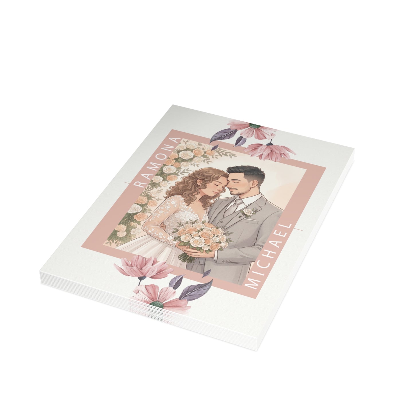 Personalized wedding invitation, bride and groom holding a bouquet of flowers