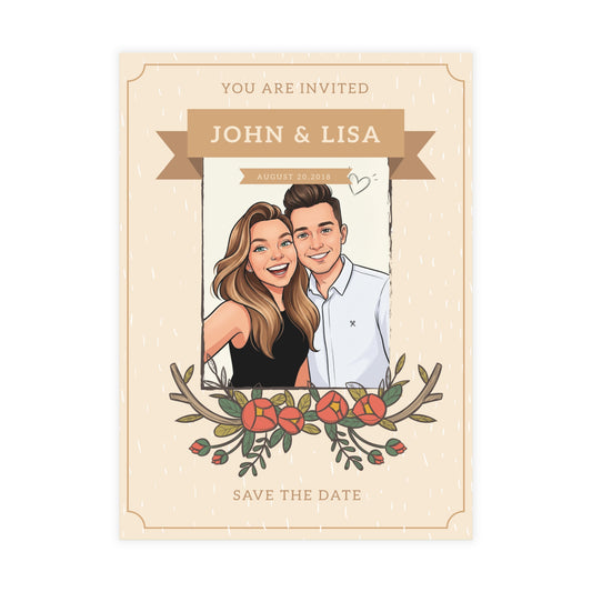 Personalized wedding invitation, bride and groom taking selfies