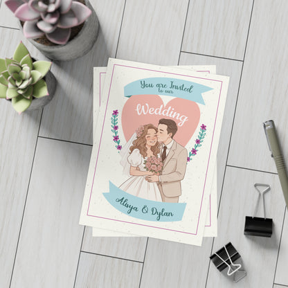 Personalized wedding invitation, fairytale character bride and groom