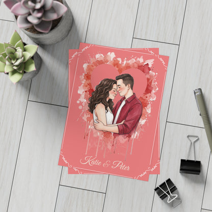 Personalized wedding invitation, bride and groom inside a heart