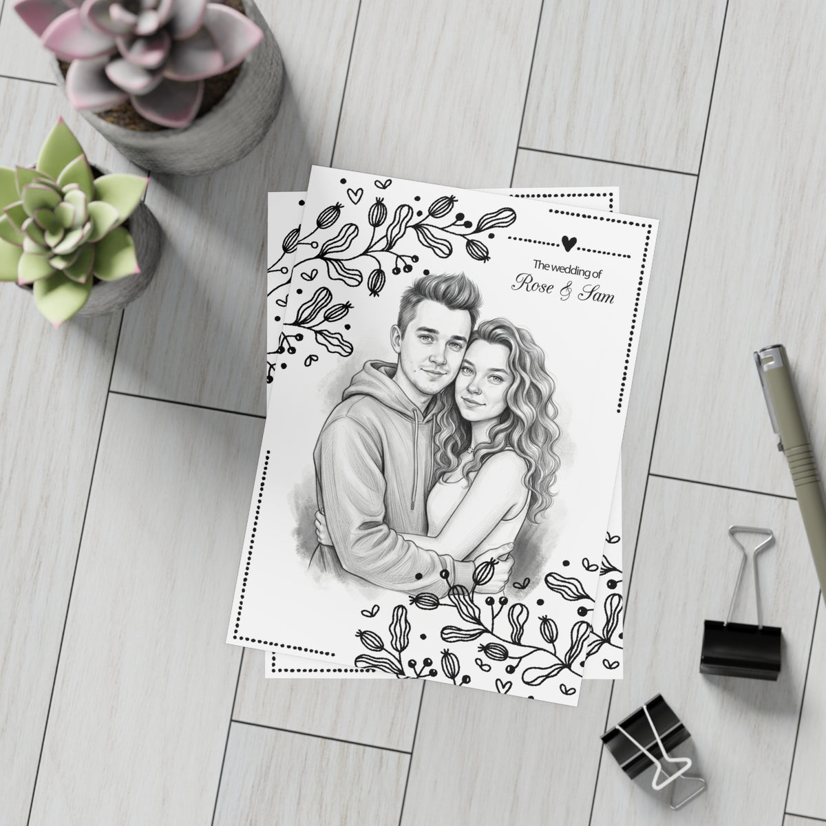 Personalized wedding invitation, charcoal drawing of bride and groom