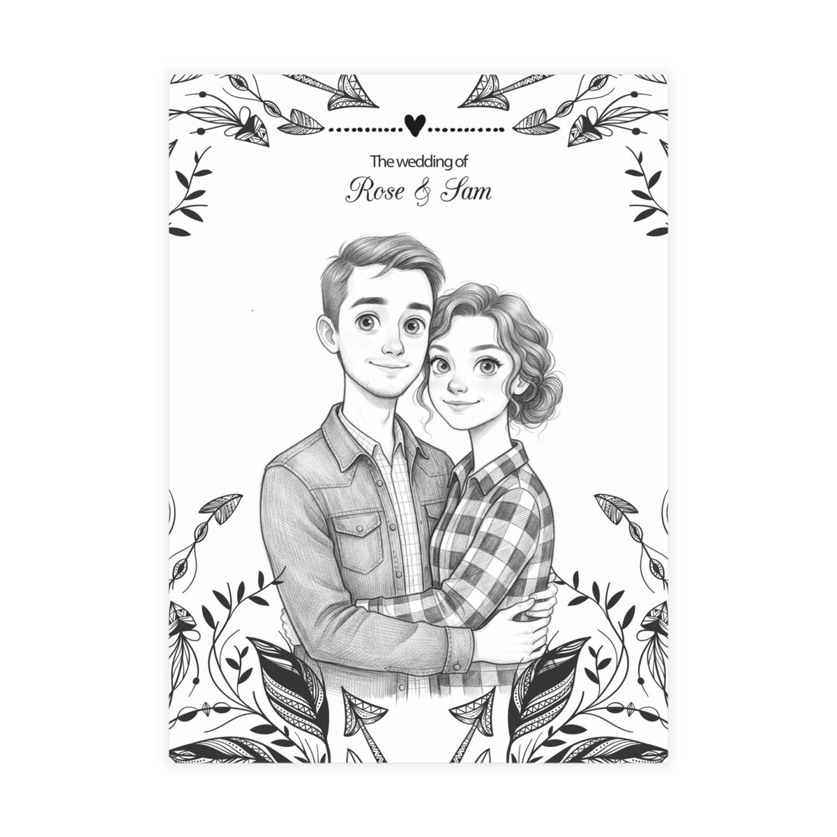 Personalized wedding invitation, charcoal animated drawing of bride and groom