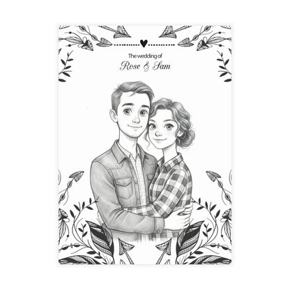 Personalized wedding invitation, charcoal animated drawing of bride and groom