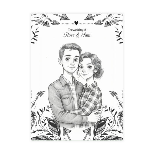 Personalized wedding invitation, charcoal animated drawing of bride and groom