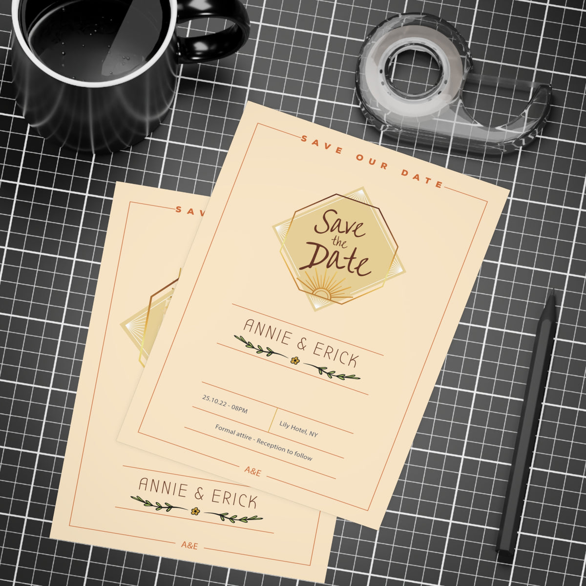 Personalized wedding invitation, colorful design for bride and groom