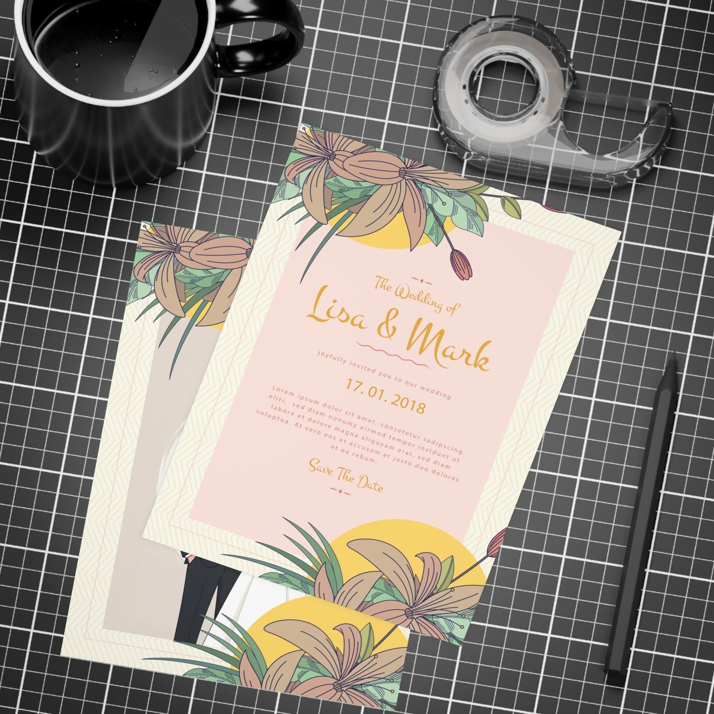 Personalized wedding invitation, bride and groom in the garden of love