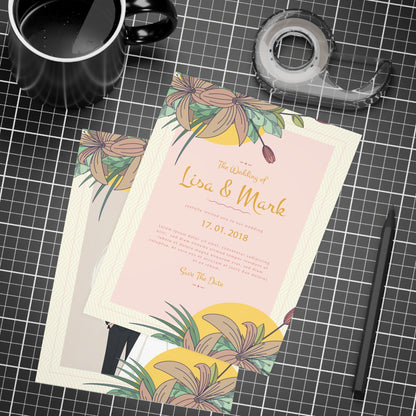 Personalized wedding invitation, bride and groom in the garden of love