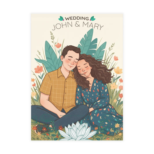 Personalized wedding invitation, bride and groom having a picnic