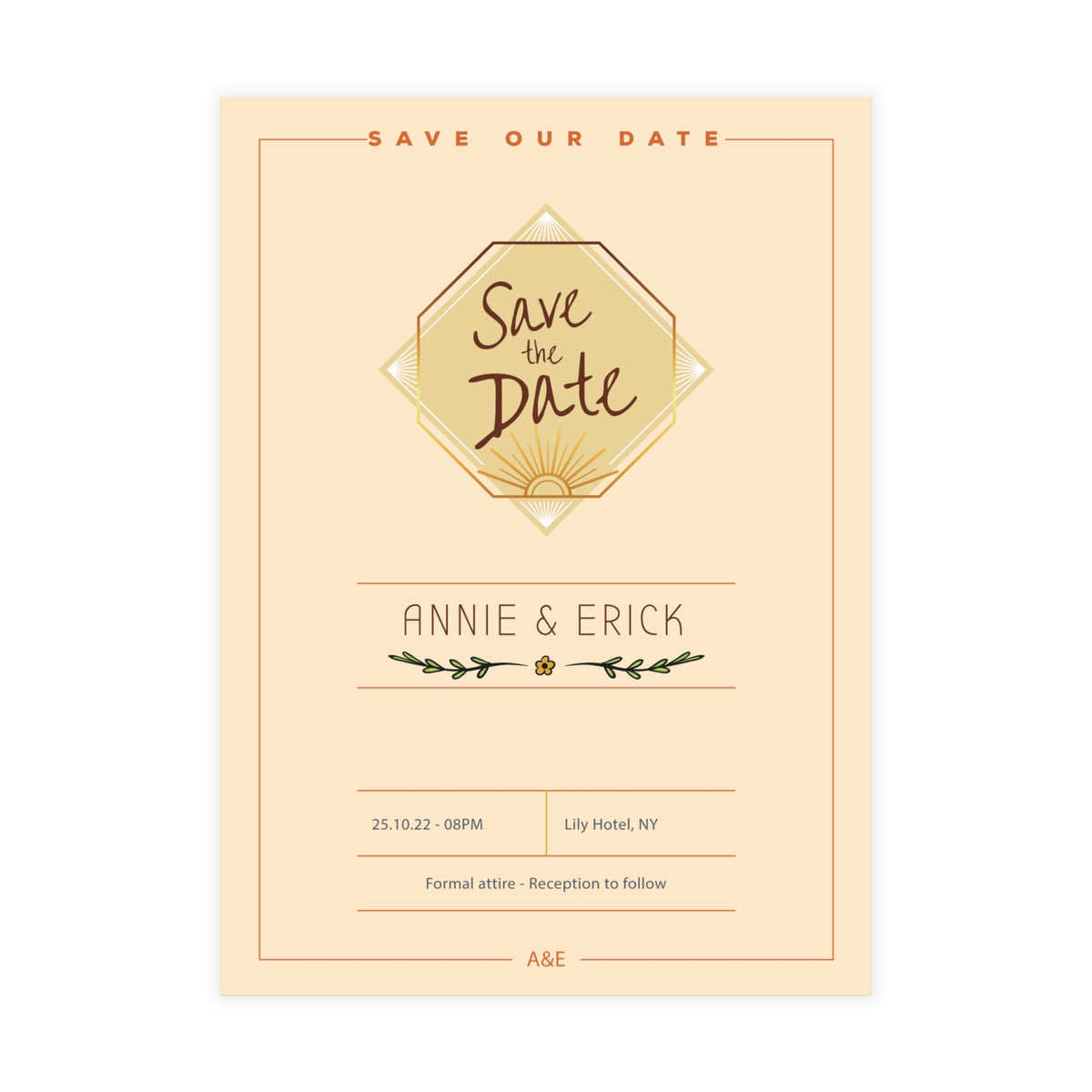 Personalized wedding invitation, colorful design for bride and groom