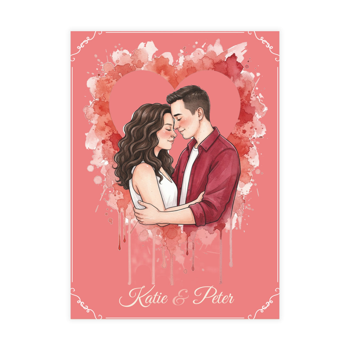 Personalized wedding invitation, bride and groom inside a heart