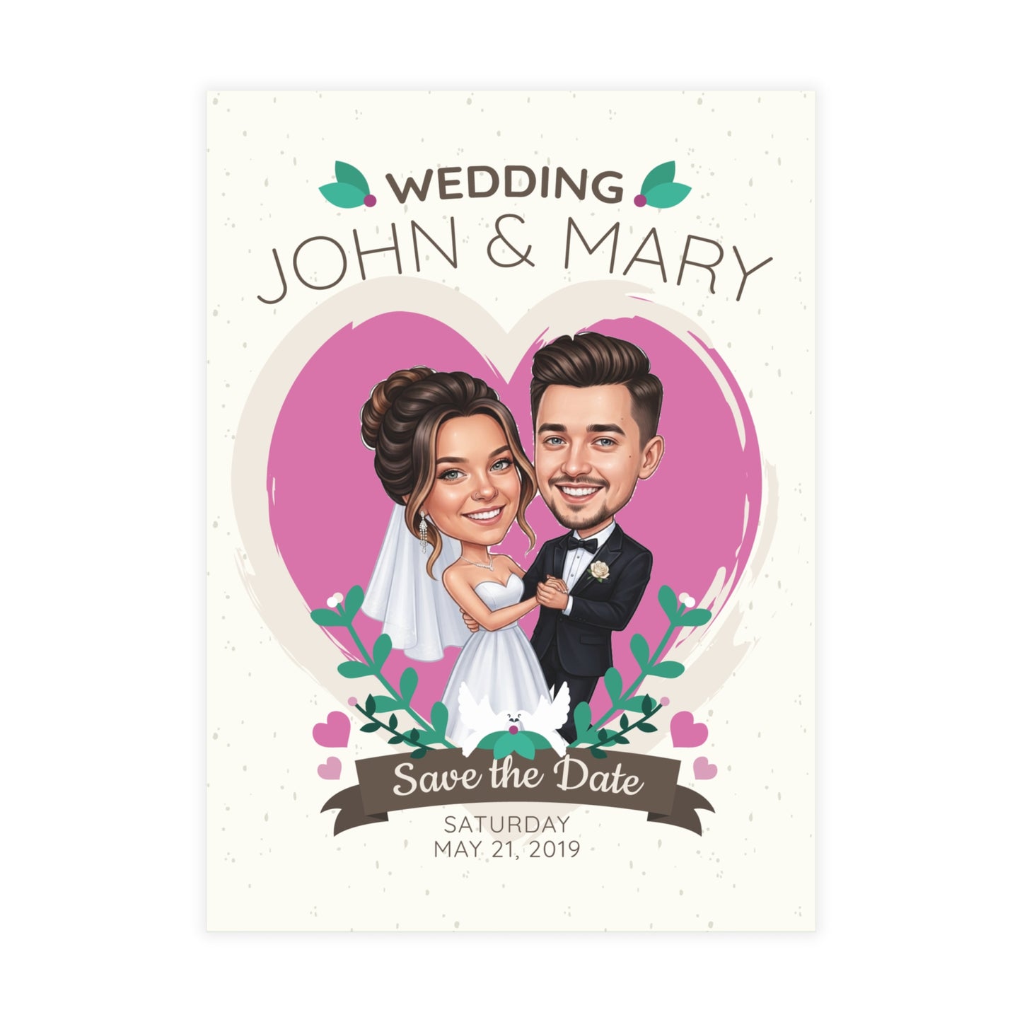 Personalized wedding invitation, caricature of bride and groom