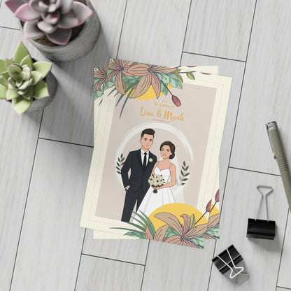 Personalized wedding invitation, bride and groom in the garden of love