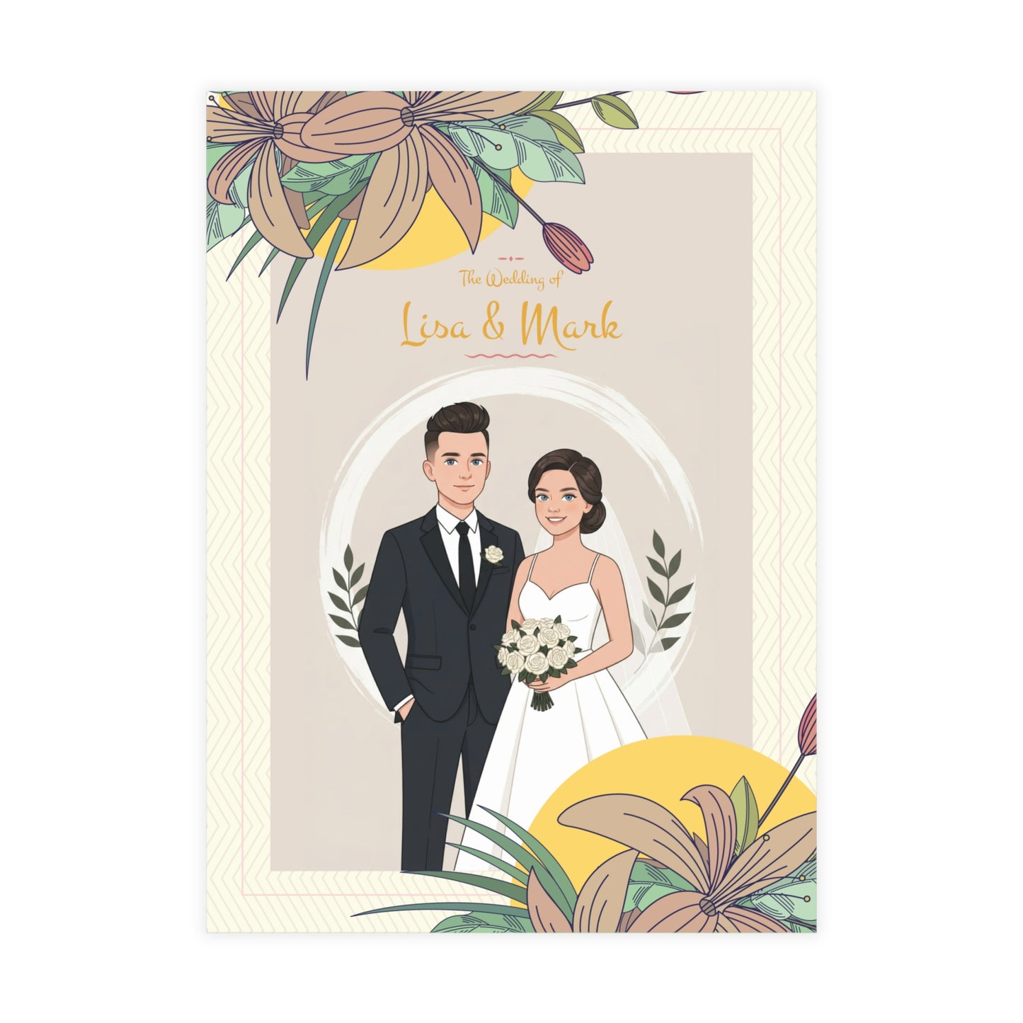 Personalized wedding invitation, bride and groom in the garden of love
