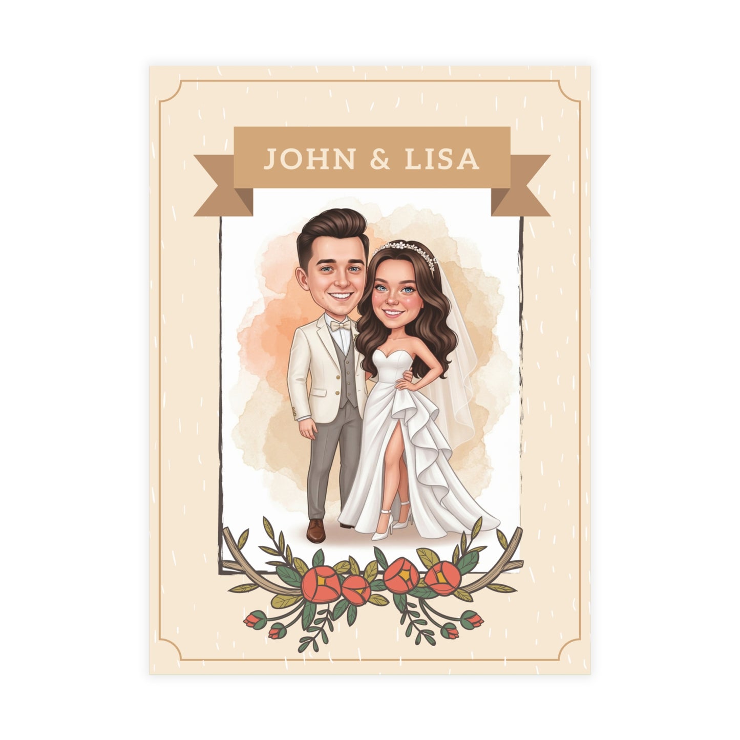 Personalized wedding invitation, bride and groom with watercolor effect
