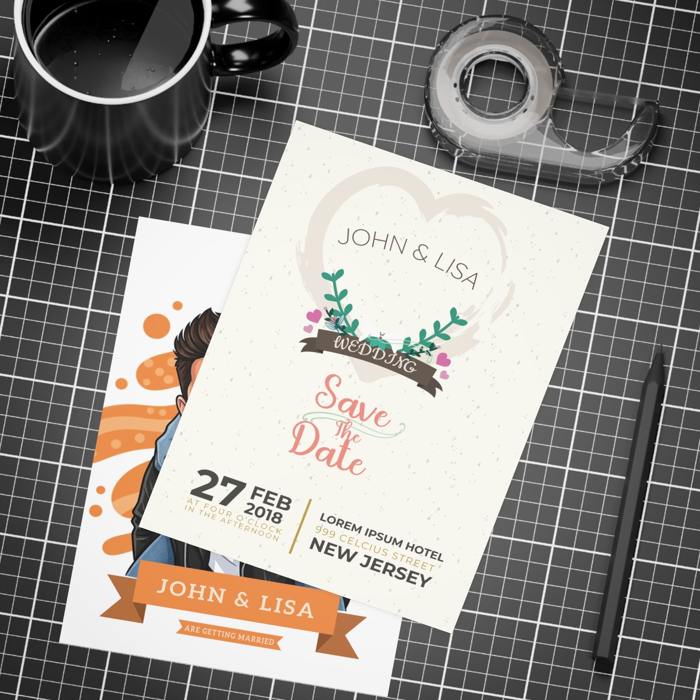 Personalized wedding invitation, bride and groom at the celebration