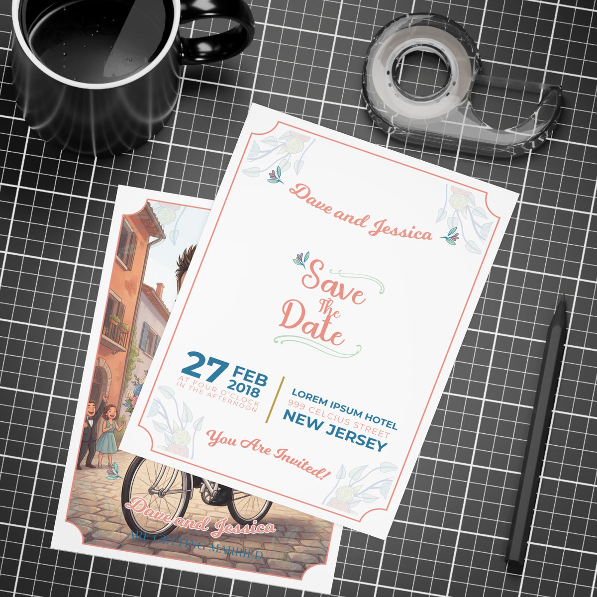 Personalized wedding invitation, bride and groom on bicycles