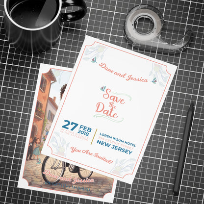 Personalized wedding invitation, bride and groom on bicycles