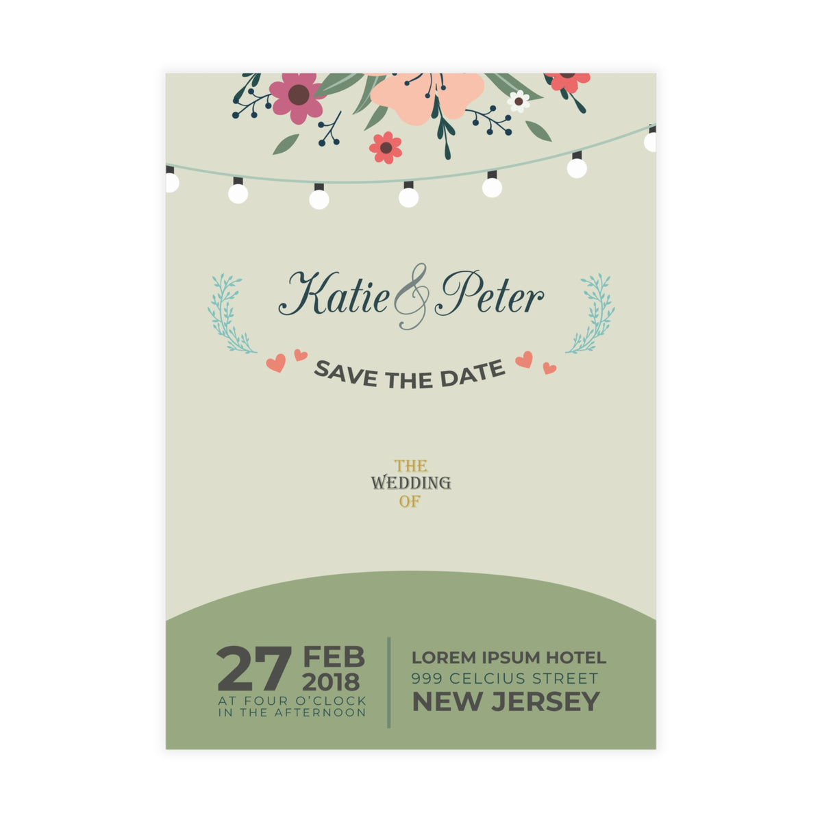 Personalized wedding invitation, bride and groom sitting on a bench