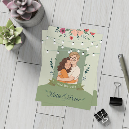 Personalized wedding invitation, bride and groom embracing
