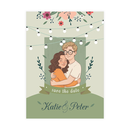Personalized wedding invitation, bride and groom embracing