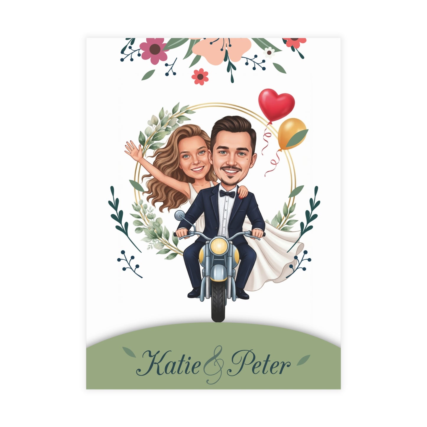 Personalized wedding invitation, happy bride and groom