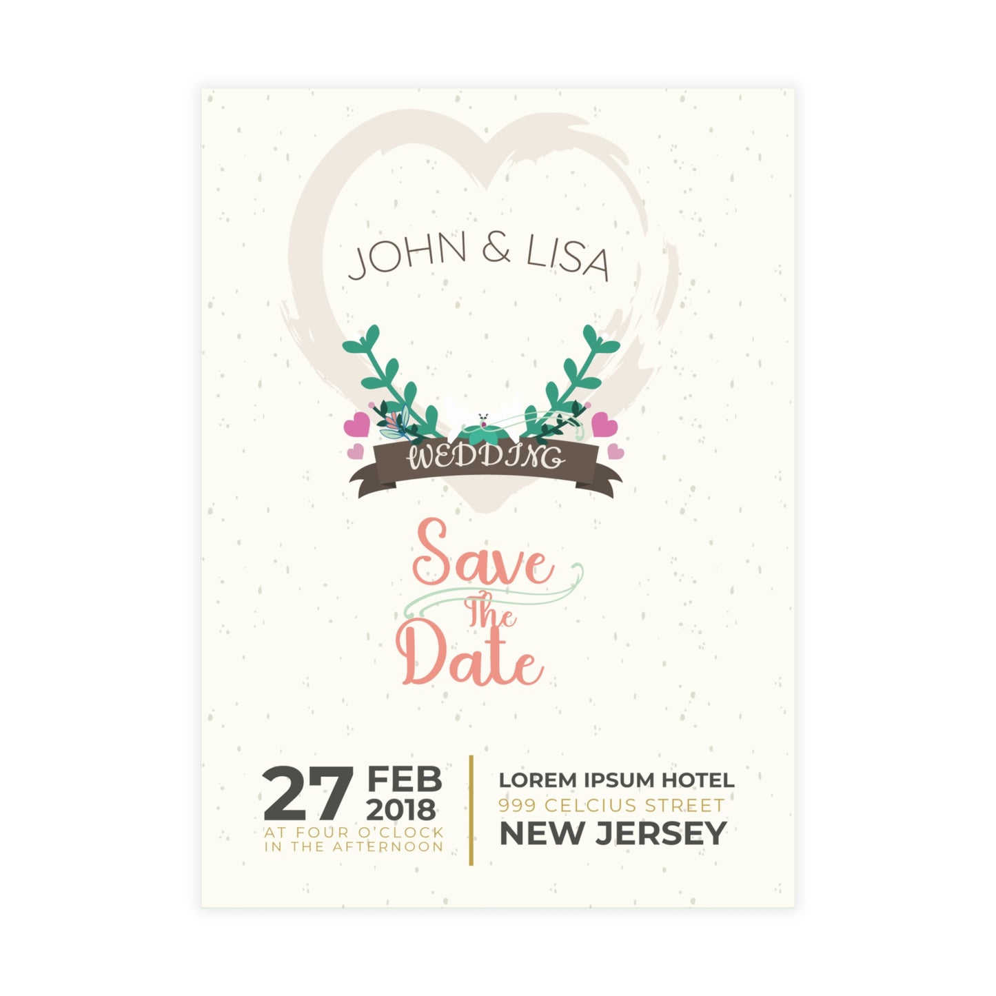 Personalized wedding invitation, bride and groom at the celebration
