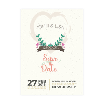 Personalized wedding invitation, bride and groom at the celebration