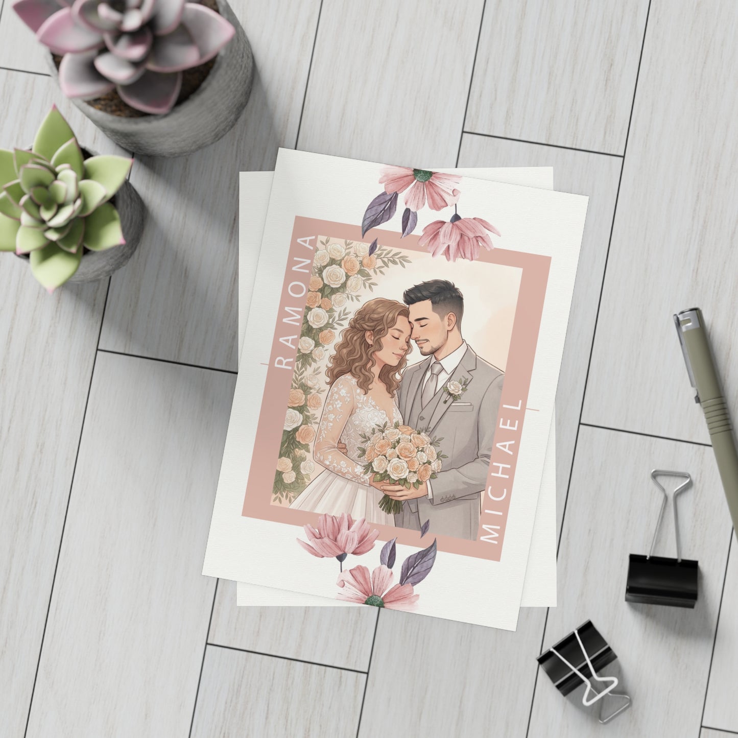 Personalized wedding invitation, bride and groom holding a bouquet of flowers