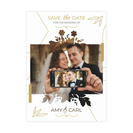 Personalized wedding invitation, bride and groom phone selfie