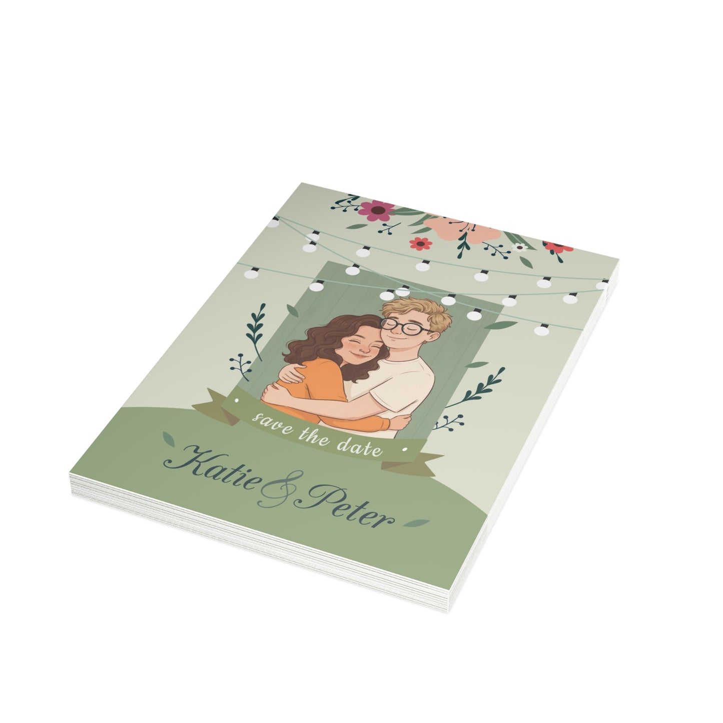 Personalized wedding invitation, bride and groom embracing