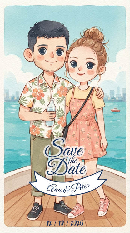 Create a cartoon wedding invitation; couple on a boat