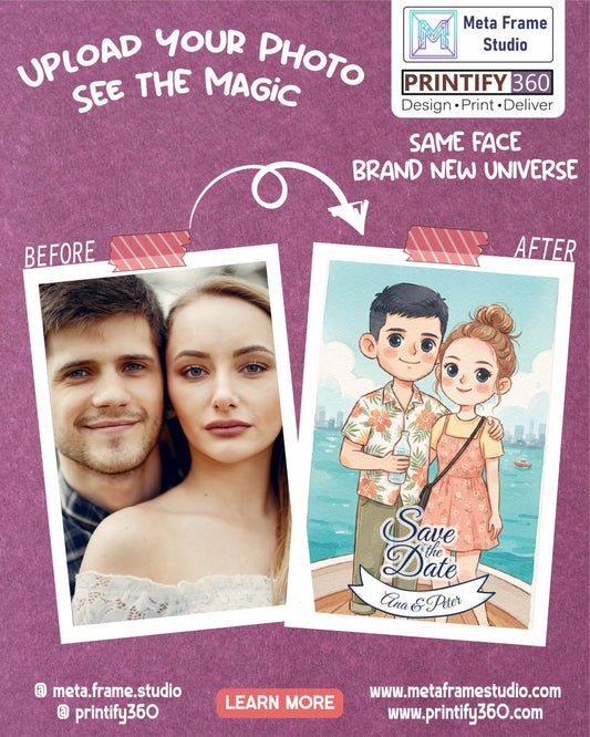 Create a cartoon wedding invitation; couple on a boat