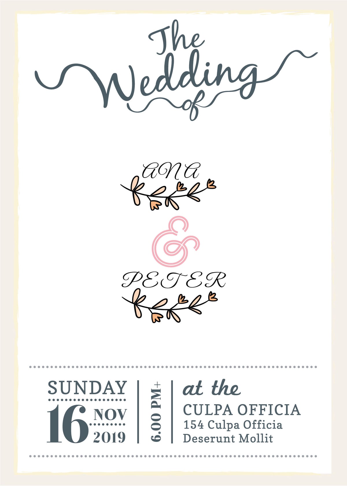Create a cartoon wedding invitation; couple on a boat