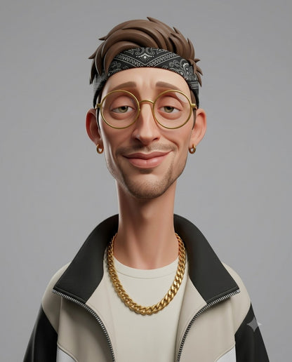 Create an exaggerated stylized 3D caricature character portrait