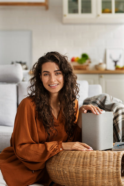 Create a picture of a happy woman with her teddy bear.
