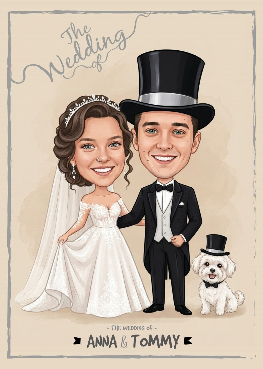 Personalized Wedding Invitation, Bride, Groom and their dog