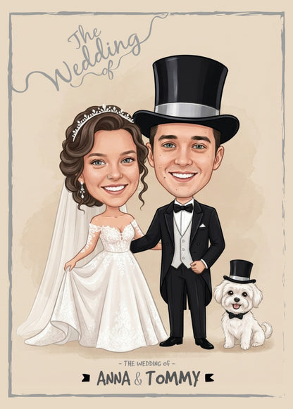 Personalized Wedding Invitation, Bride, Groom and their dog