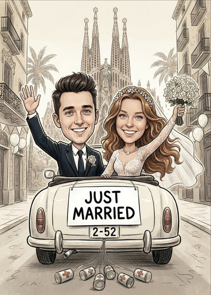 Personalized wedding invitation, Just Married Barcelona