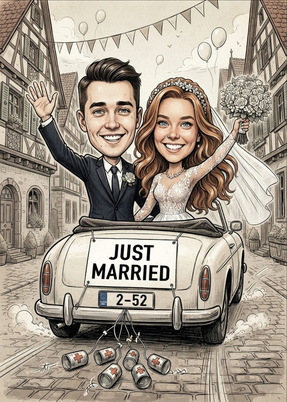 Personalized wedding invitation, Just Married Village