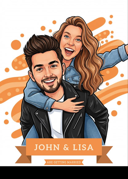 Personalized wedding invitation, bride and groom at the celebration