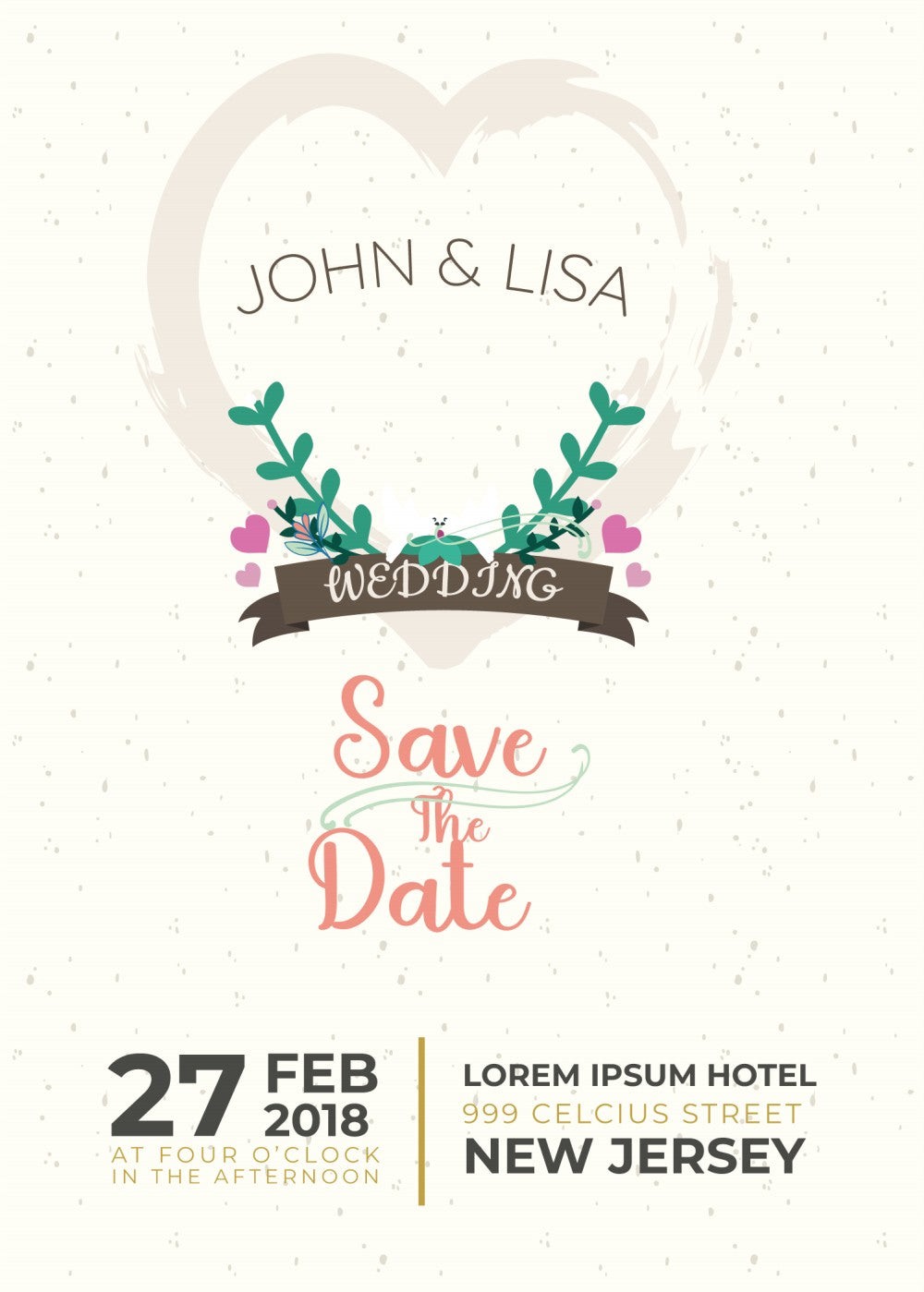 Personalized wedding invitation, bride and groom at the celebration