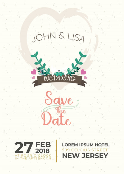 Personalized wedding invitation, bride and groom at the celebration