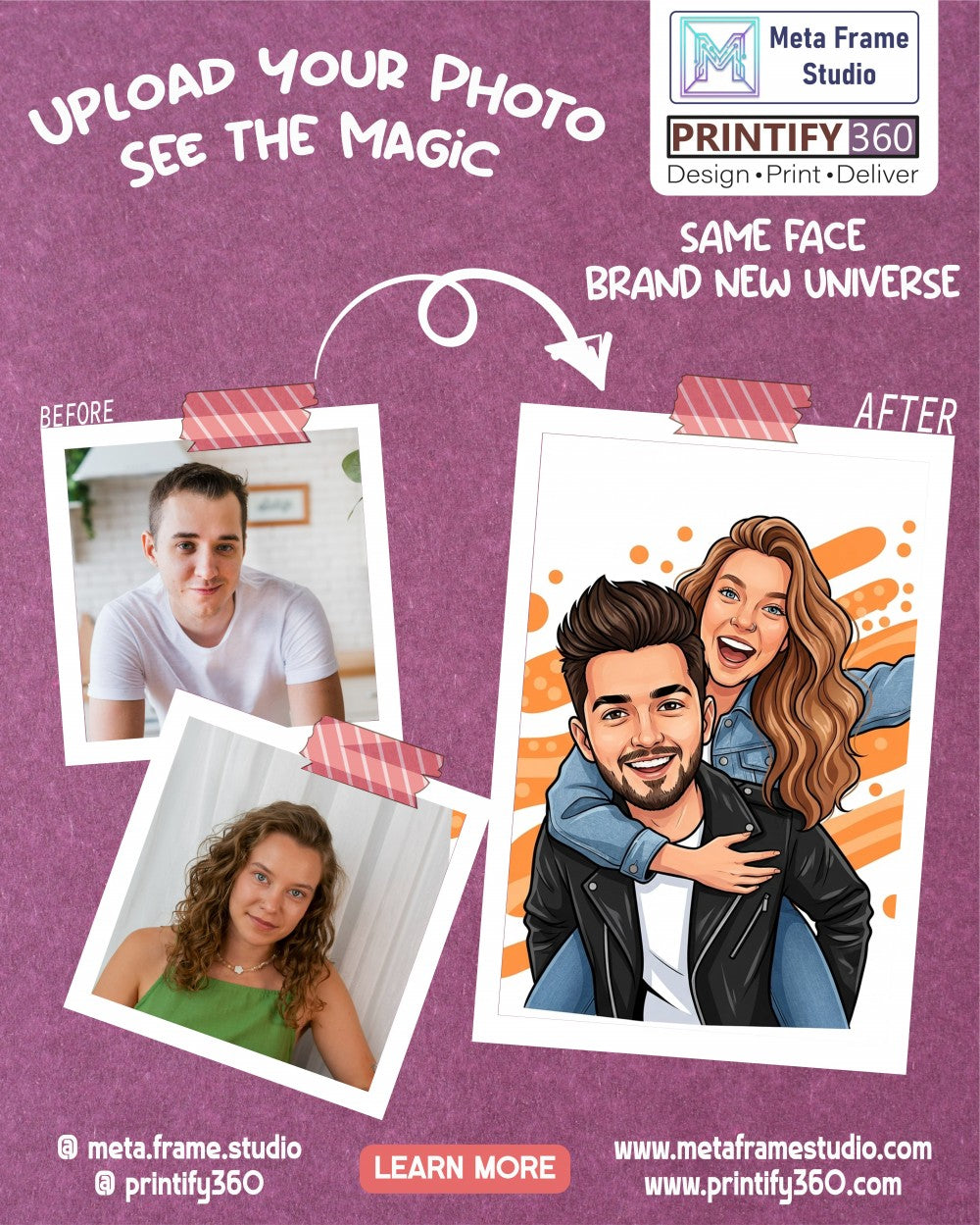 Personalized wedding invitation, bride and groom at the celebration