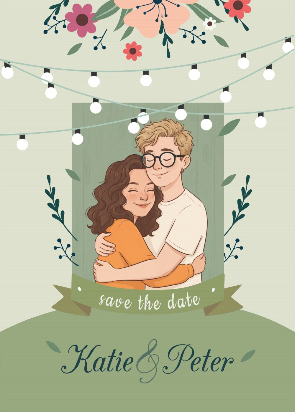 Personalized wedding invitation, bride and groom embracing