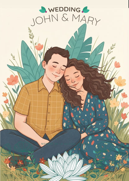 Personalized wedding invitation with video, bride and groom having a picnic